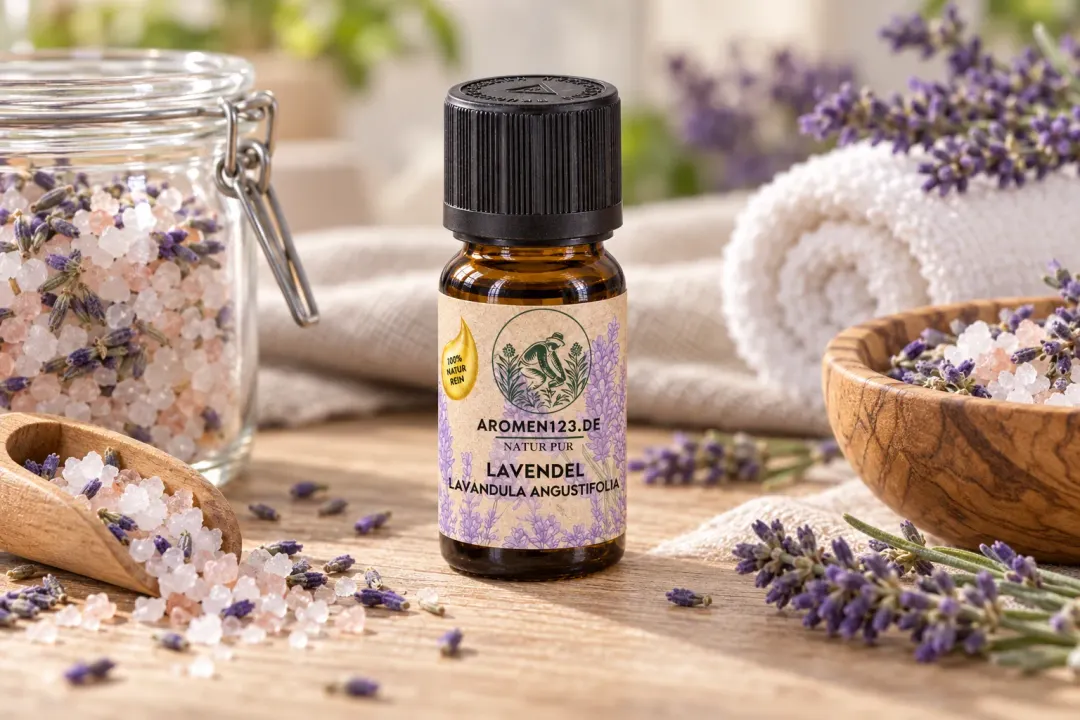 Bügelglas und Holzschale mit rosa-weißem Badesalz und Lavendelblüten rund um eine Flasche aromen123 Lavendel