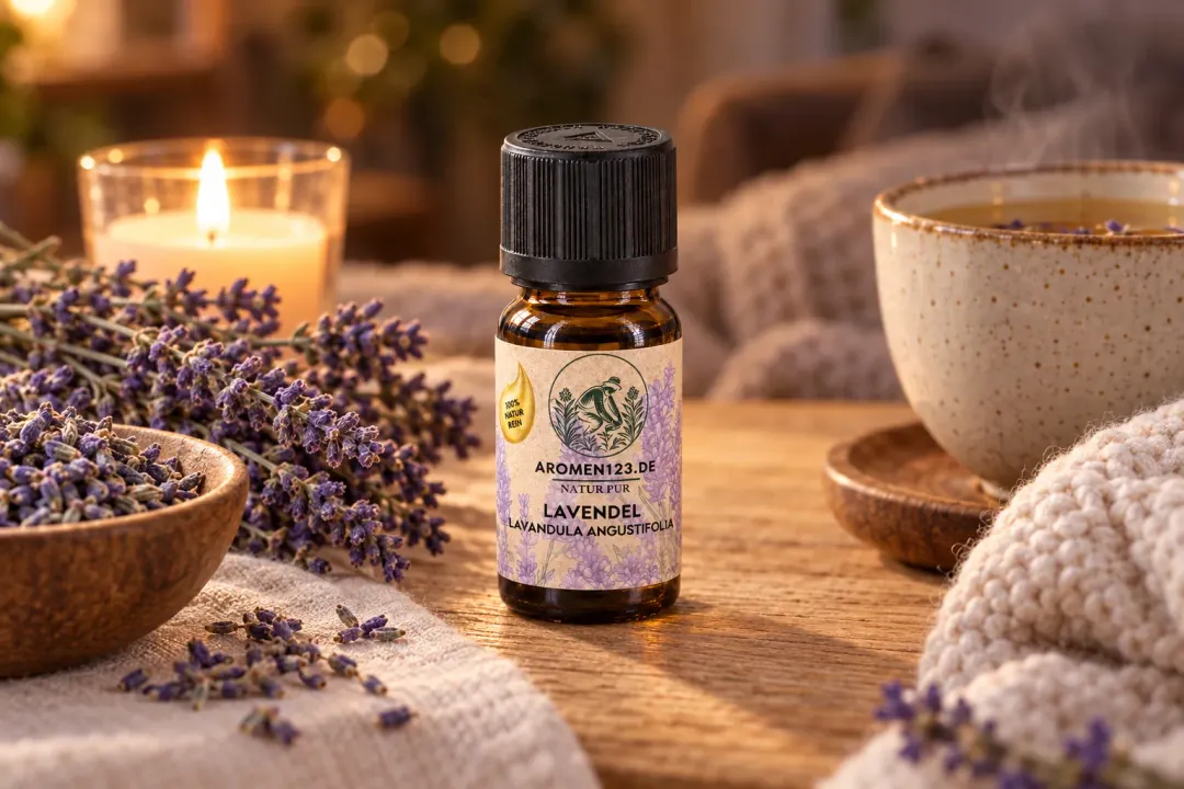 Abendstimmung mit aromen123 Lavendel: Kerze im Glas, Tasse Tee, getrockneter Lavendel und Strickdecke auf dem Holztisch