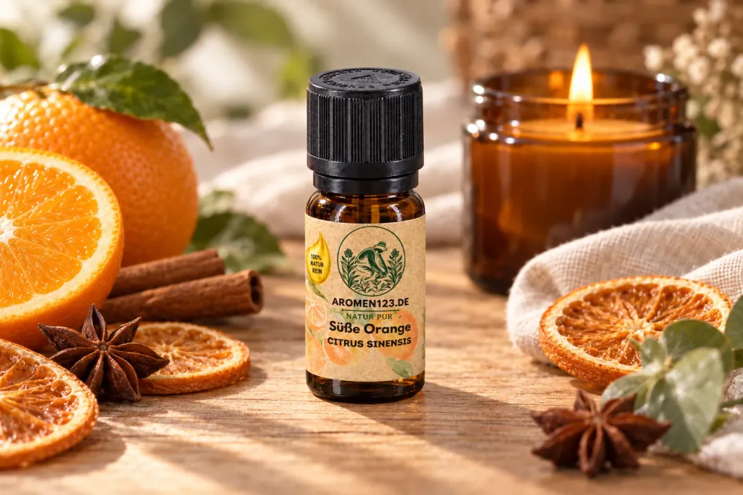 Brennende Kerze im Braunglas hinter Süßer Orange von aromen123, dazu getrocknete Orangenscheiben, Zimt und Sternanis