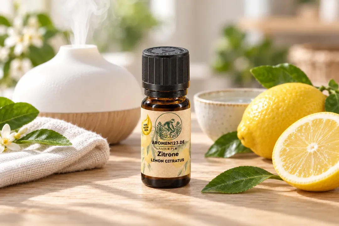 Weißer Aroma-Diffuser mit feinem Nebel neben aromen123 Zitrone, frischen Zitronen, Baumwolltuch und Schälchen Wasser