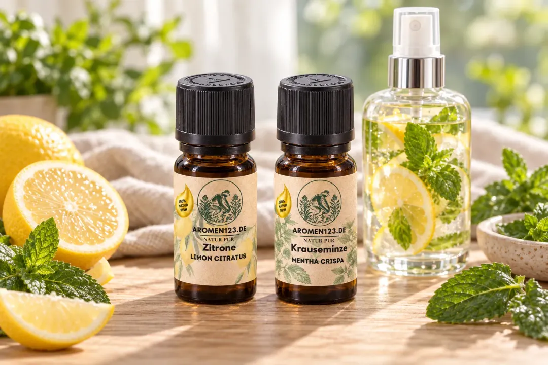 Zitrone und Krauseminze von aromen123 vor einer Glas-Sprühflasche mit Zitronenscheiben und Minzblättern im Morgenlicht