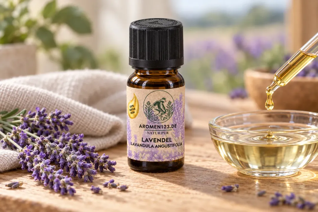 Eine Pipette setzt einen einzelnen Tropfen in ein Glasschälchen mit Öl, daneben aromen123 Lavendel im 10-ml-Braunglas