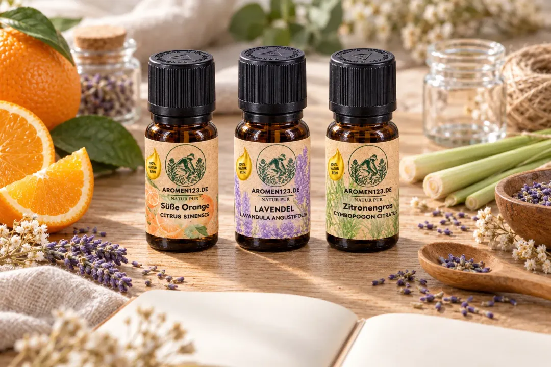 Kreativer Werktisch mit Süßer Orange, Lavendel und Zitronengras von aromen123, leerem Notizbuch, Gläschen und Kordel