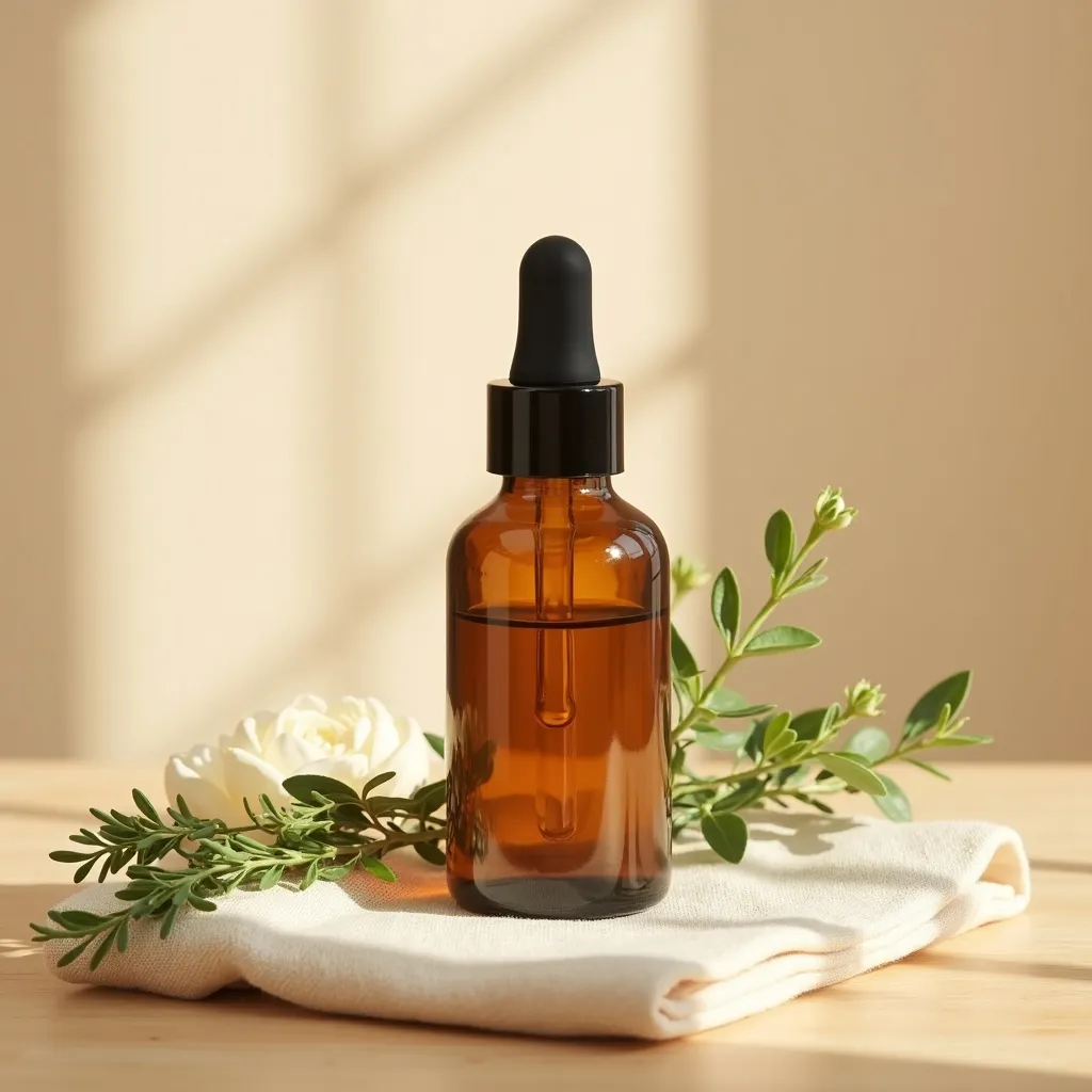 Thymianoel Thymus serpyllum mit Thymianzweigen dekorativ arrangiert