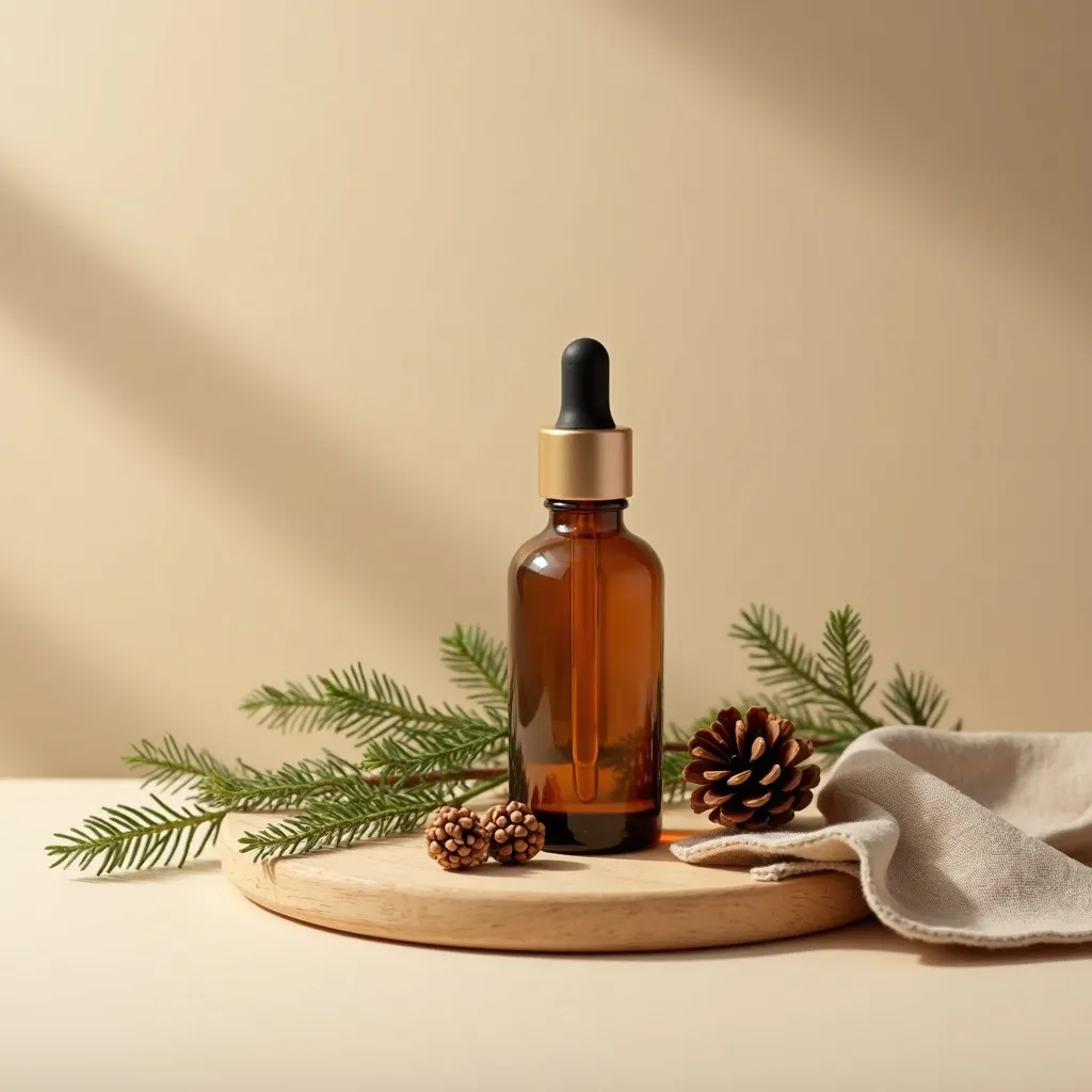 Fichtennadelöl mit Fichtenzweigen dekorativ arrangiert als Flatlay von aromen123