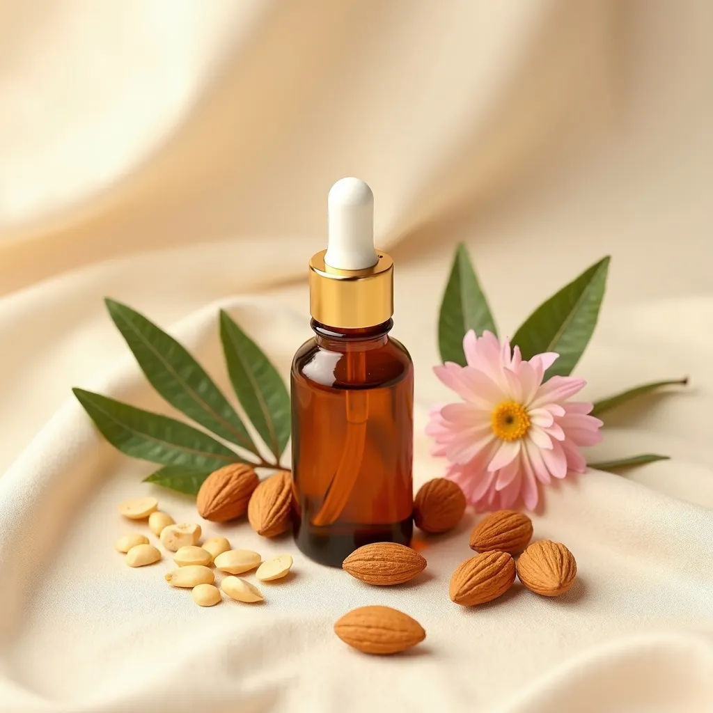 Bittermandelöl mit Mandeln dekorativ arrangiert als Flatlay von aromen123