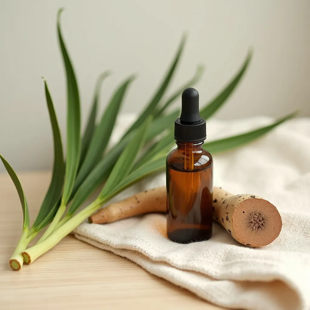 Kalmusöl mit Kalmuswurzeln dekorativ arrangiert als Flatlay von aromen123