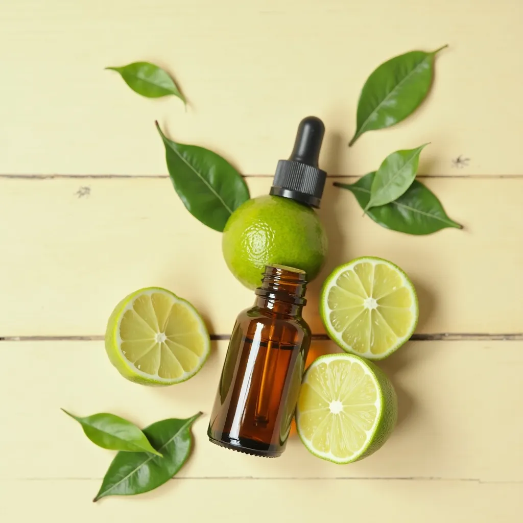 Limettenöl mit frischen Limetten dekorativ arrangiert als Flatlay von aromen123