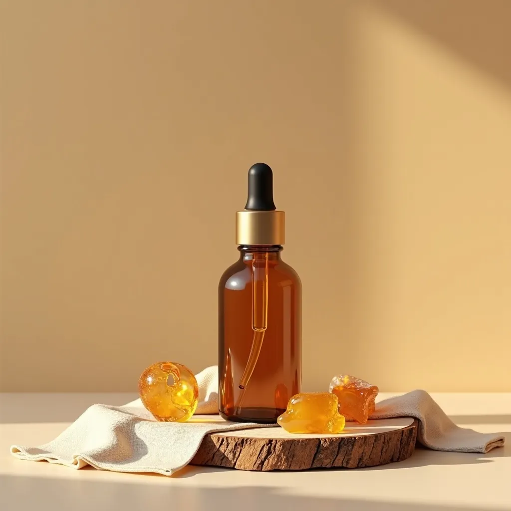 Olibanumöl mit Weihrauchharz dekorativ arrangiert als Flatlay von aromen123