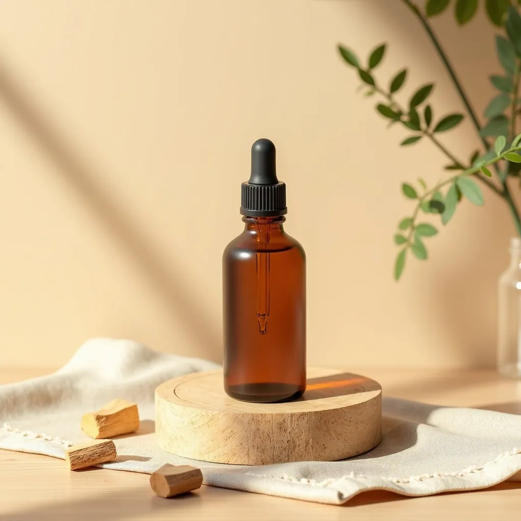 Ätherisches Ho-Öl mit Holzdetails dekorativ arrangiert von aromen123