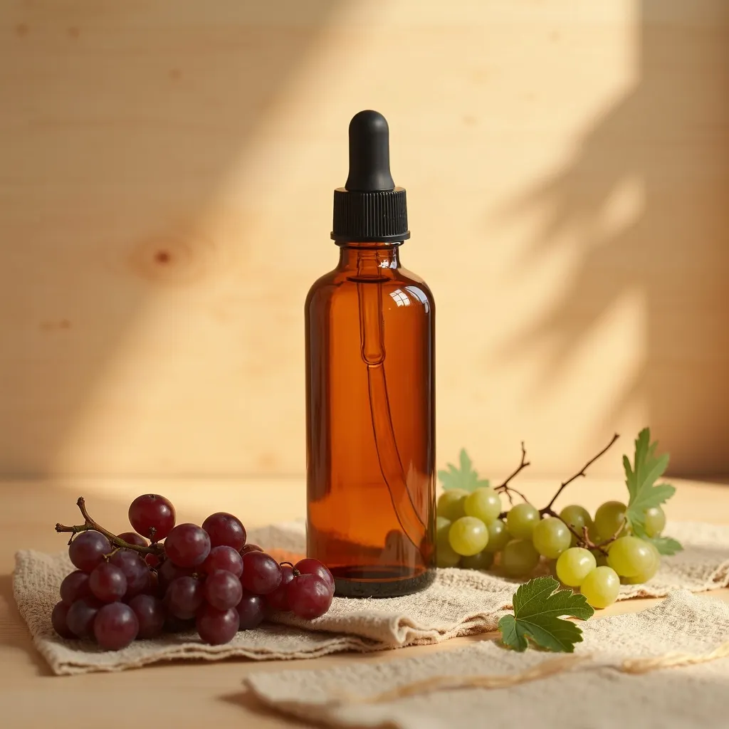 Grünes Weinhefeöl mit Weintrauben dekorativ arrangiert von aromen123