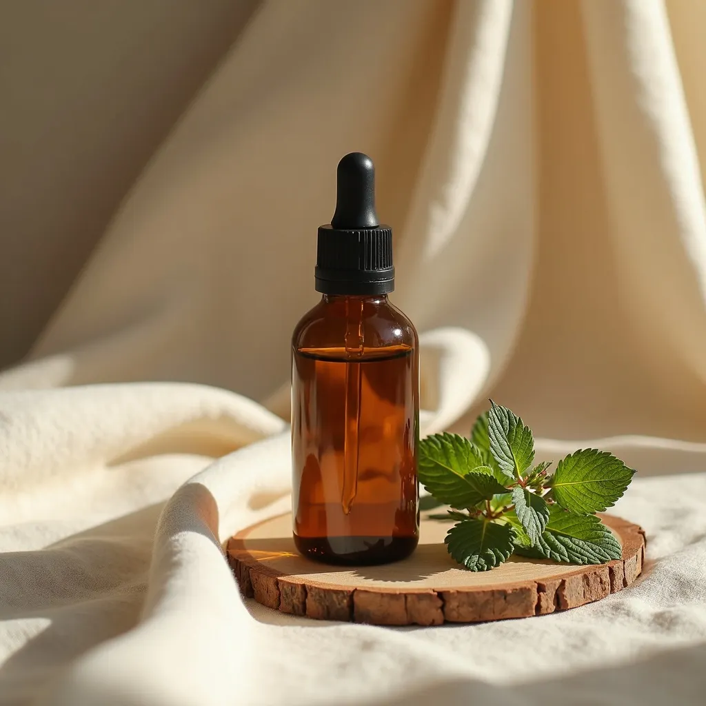 Ätherisches Mentha Citrataöl mit Minzblättern dekorativ arrangiert
