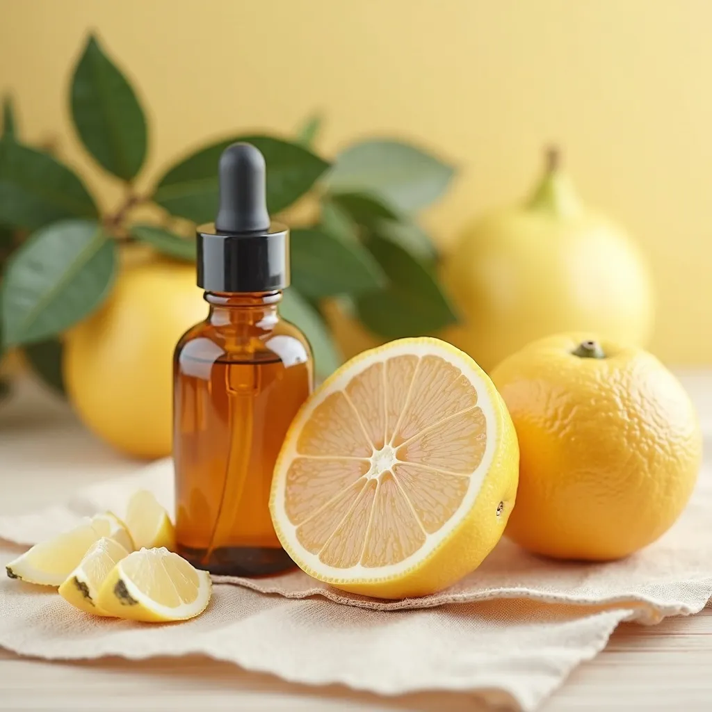 Aetherisches Grapefruitöl weiß dekorativ mit frischen Grapefruits arrangiert