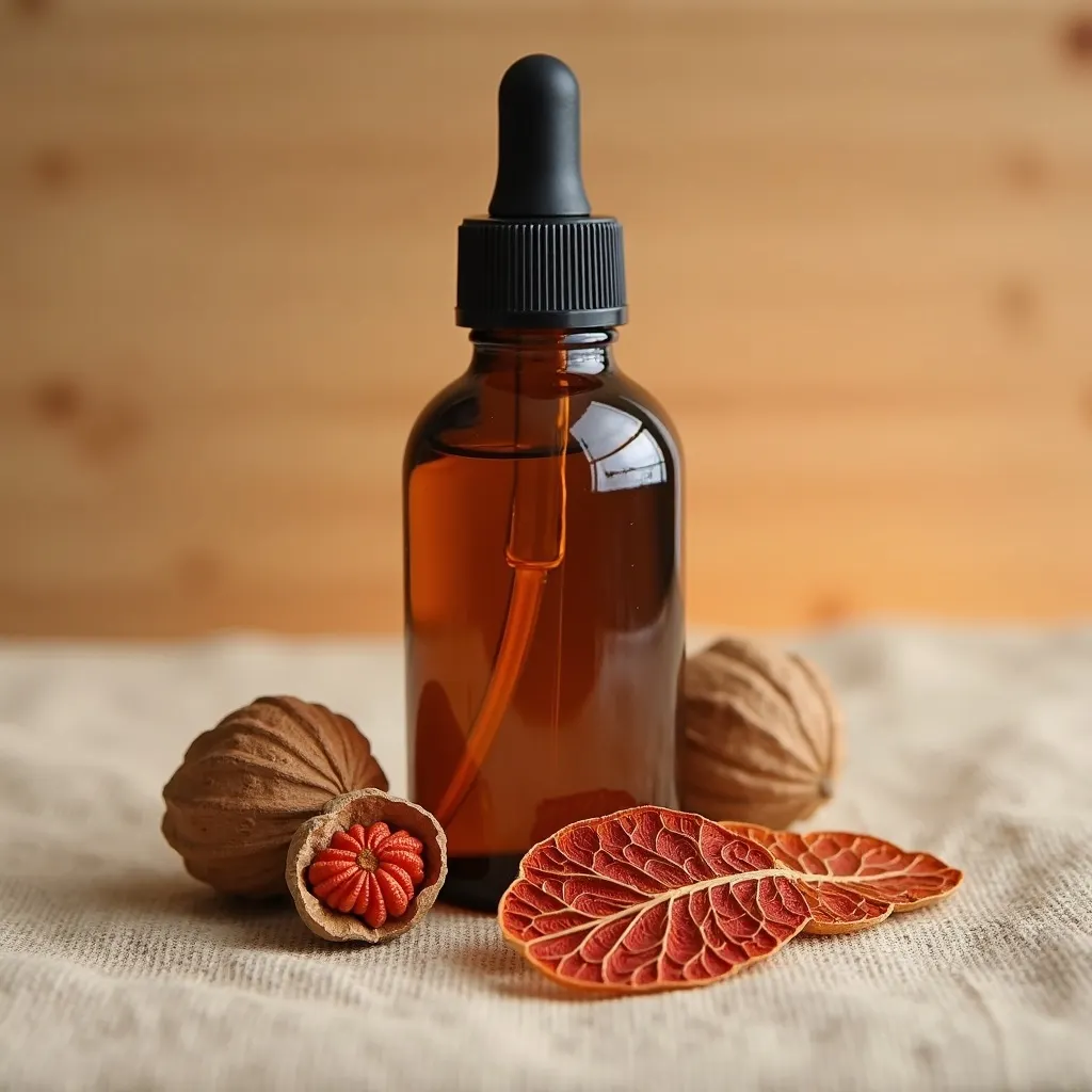 Macisblütenöl mit Muskatnüssen und Macisblüten dekorativ arrangiert