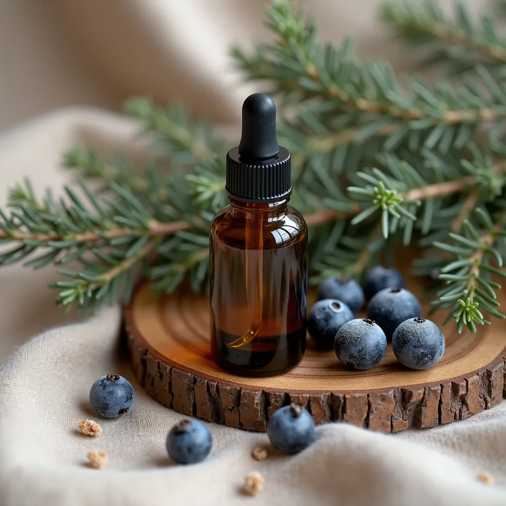 Aetherisches Wacholderbeeröl extra mit Wacholderbeeren dekorativ arrangiert