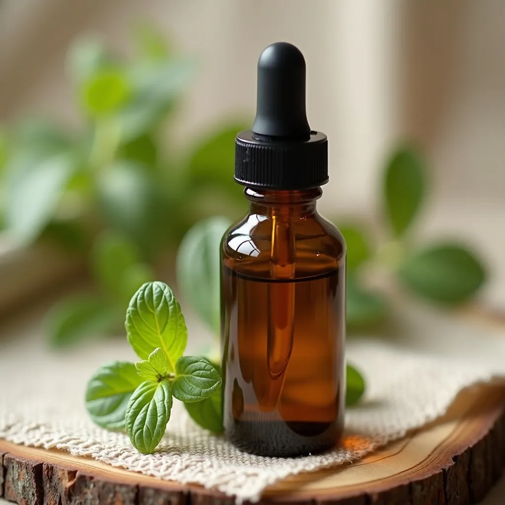 Melissenöl Officinalis mit Melissenblättern dekorativ arrangiert