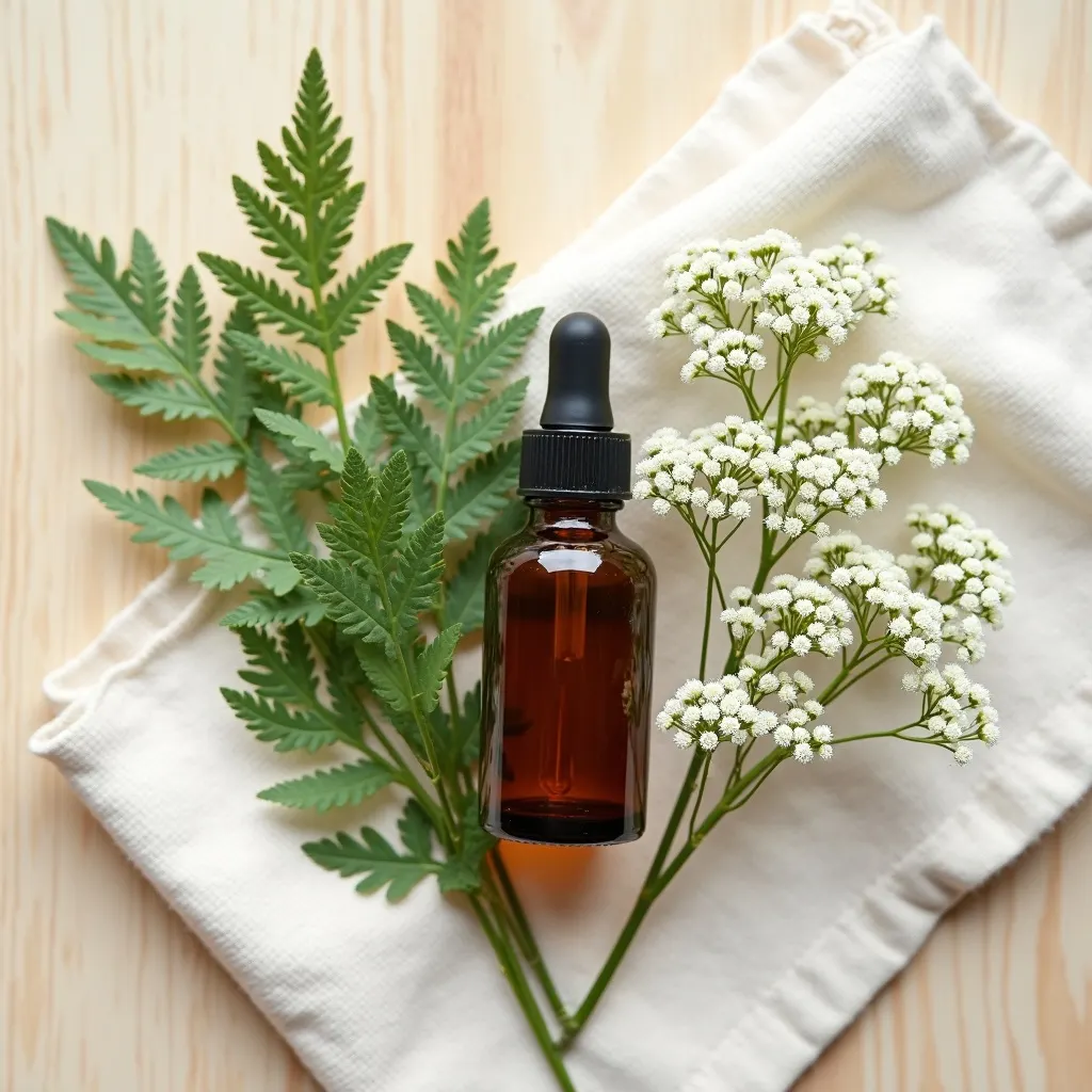 Blaues Schafgarbenöl von aromen123 mit Schafgarbenblüten dekorativ arrangiert