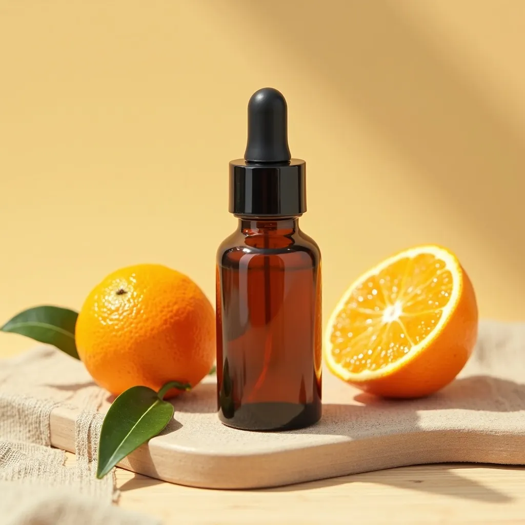 Aetherisches Orangenöl süß amerikanisch mit Orangen dekorativ arrangiert