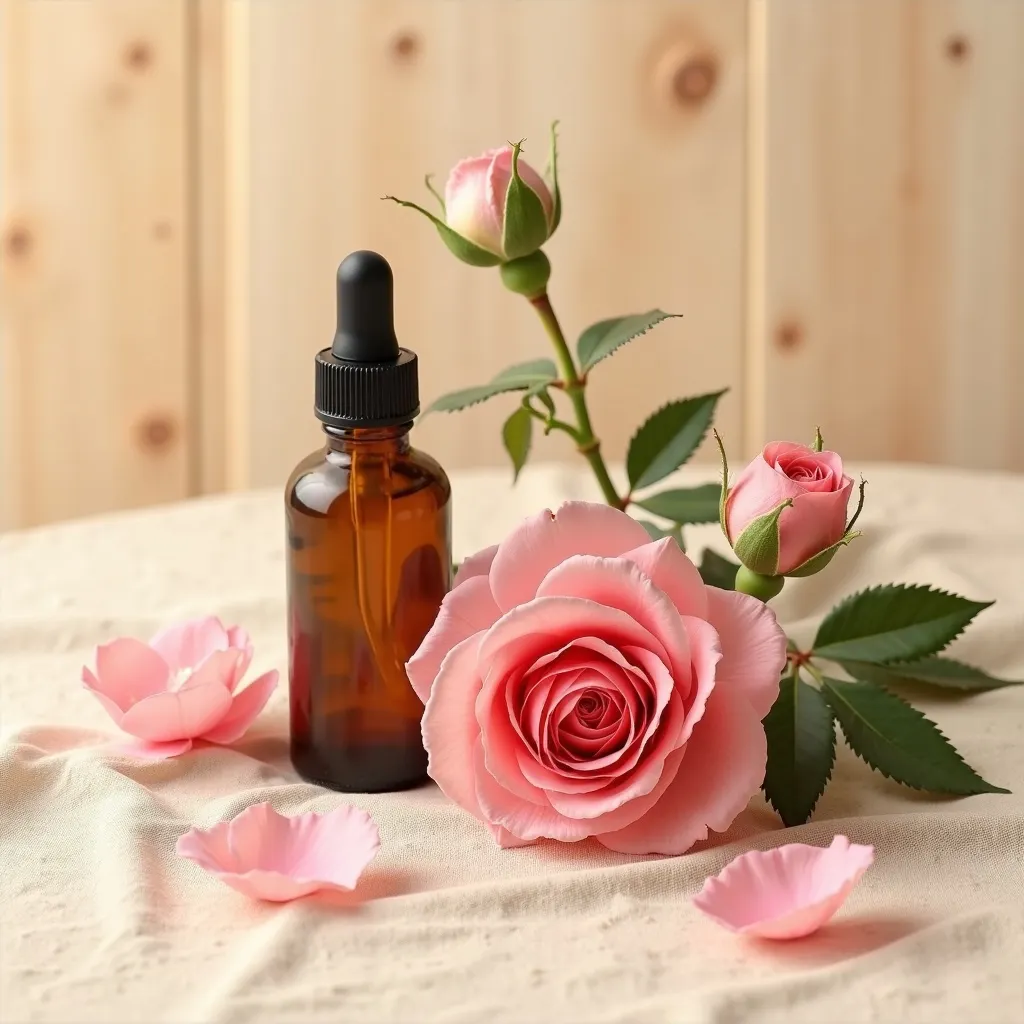 Aetherisches Rosenöl Rosa damascena mit Rosenblueten dekorativ arrangiert