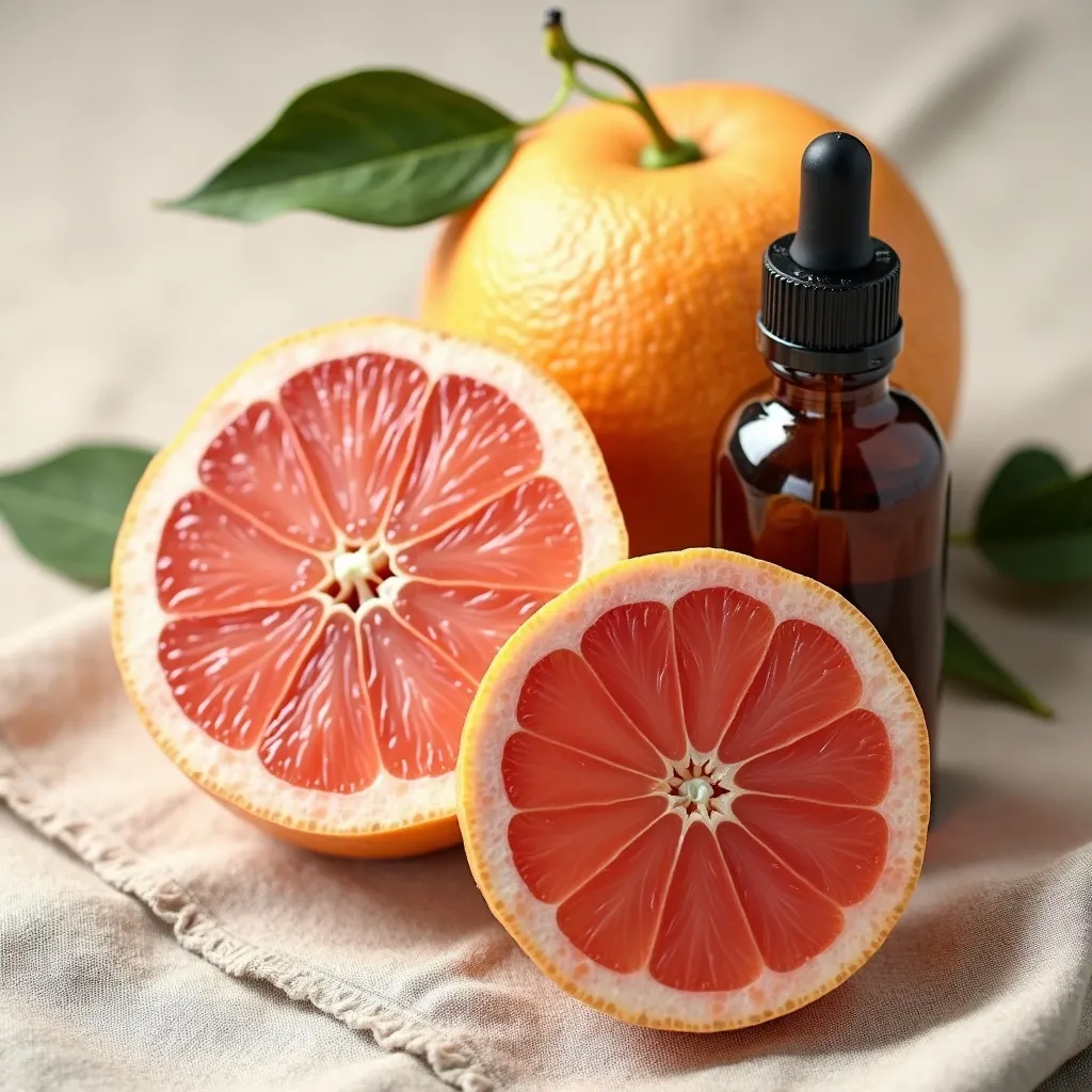 Ätherisches Grapefruitöl Pink cp mit Grapefruits dekorativ arrangiert