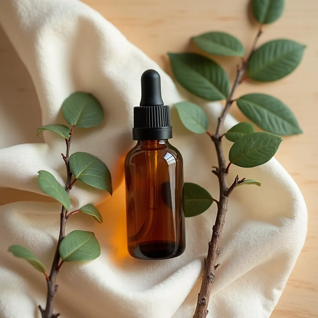 Ätherisches Ravensara Aromatica Öl mit Blättern dekorativ arrangiert