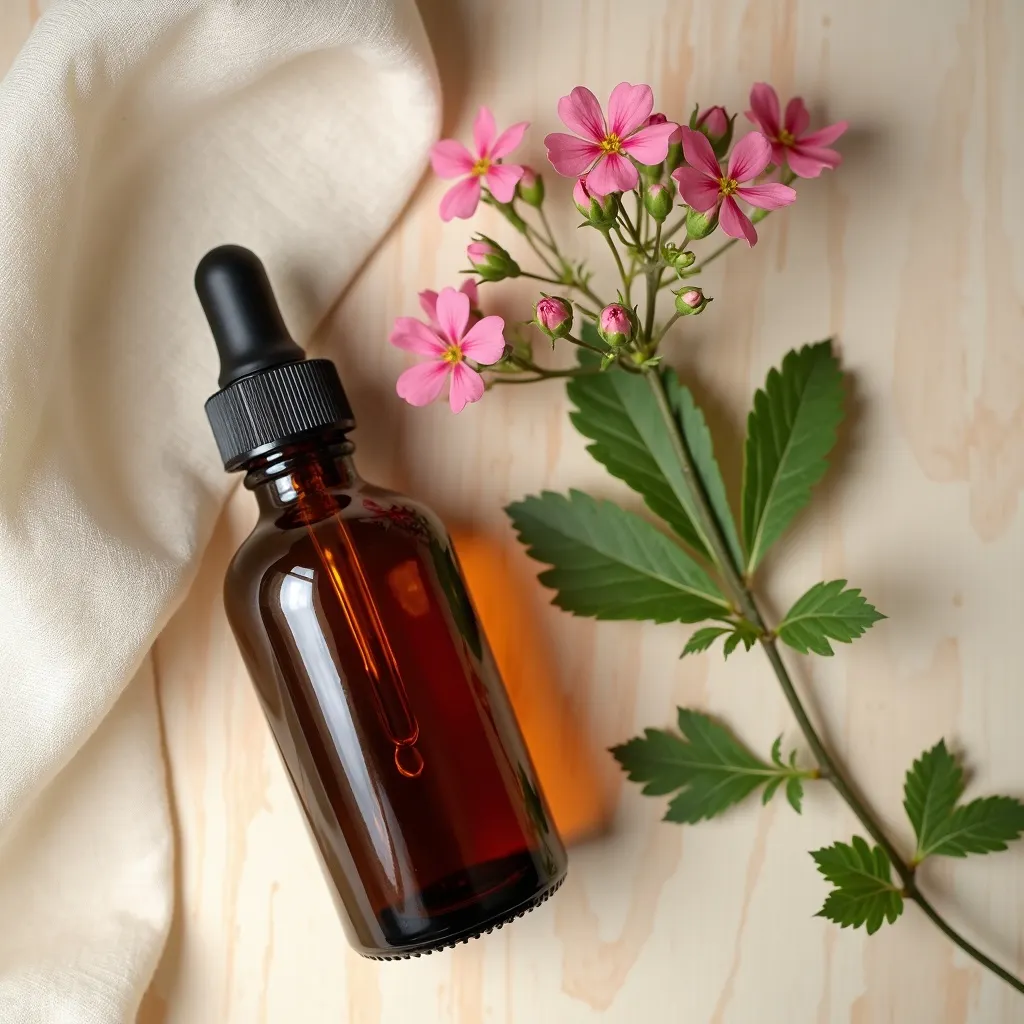 Ätherisches Geraniumöl ägyptisch mit rosa Geranienblüten dekorativ arrangiert