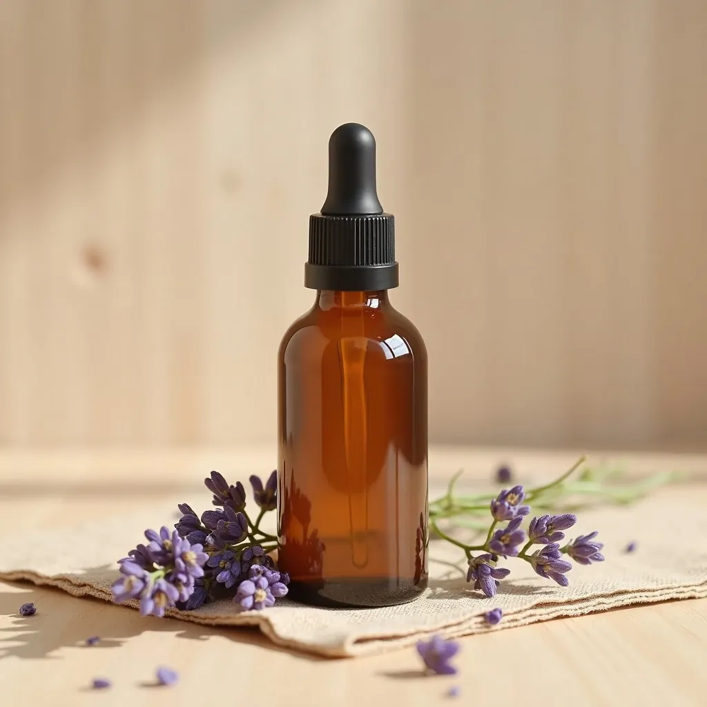 Ätherisches bulgarisches Lavendelöl mit Lavendelblüten als Flatlay
