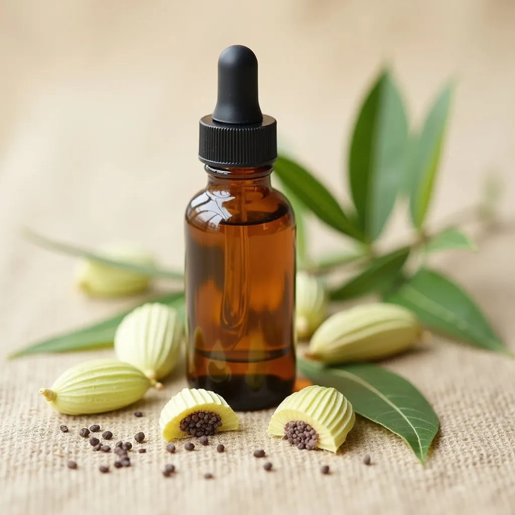 Ätherisches Cardamomenöl mit Kardamomkapseln dekorativ arrangiert