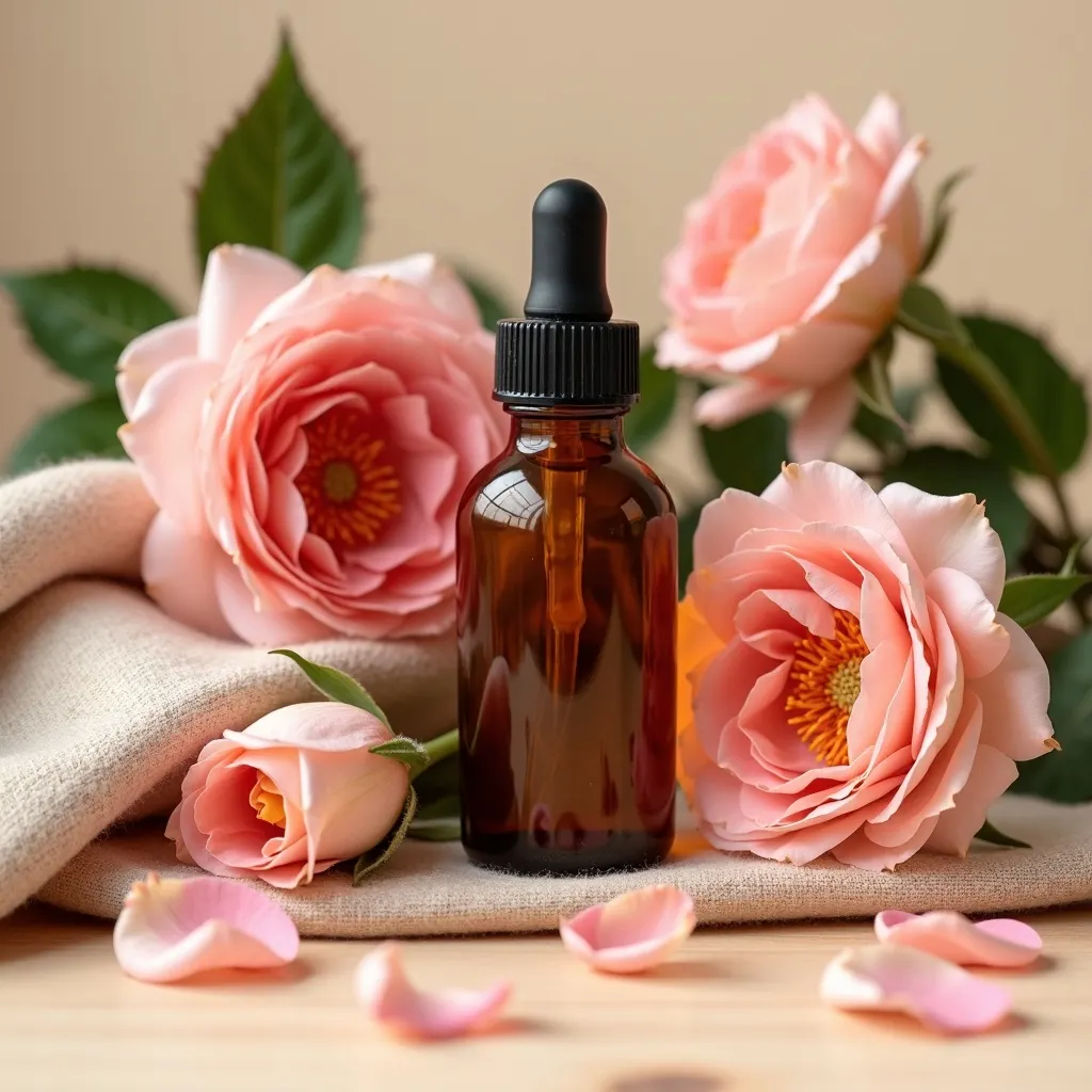 Ätherisches bulgarisches Rosenöl mit Rosenblüten als Flatlay
