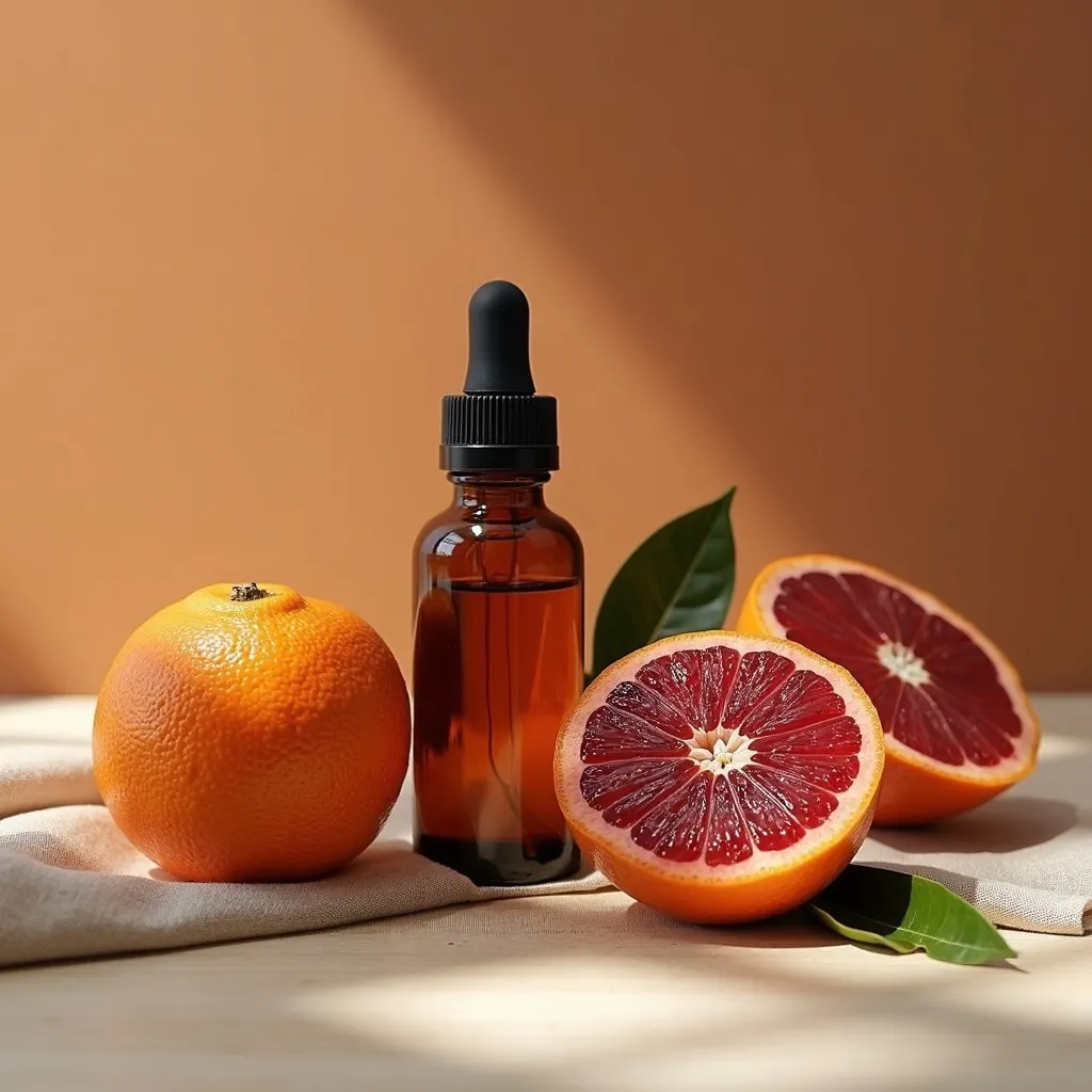 Ätherisches Blutorangenöl mit Blutorangen dekorativ als Flatlay