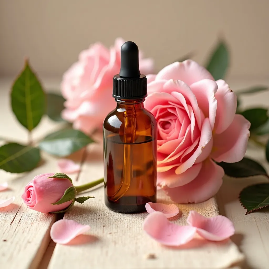 Türkisches Rosenöl mit Rosa damascena Blüten dekorativ arrangiert von aromen123