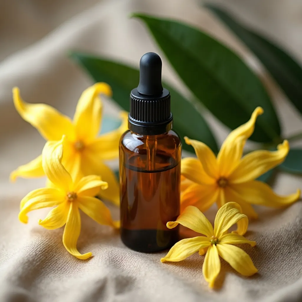 Ätherisches Ylang-Ylangöl mit Blüten dekorativ als Flatlay