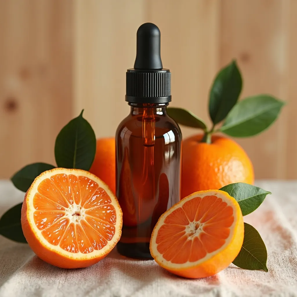 Rotes Mandarinenöl mit frischen Mandarinen dekorativ arrangiert von aromen123