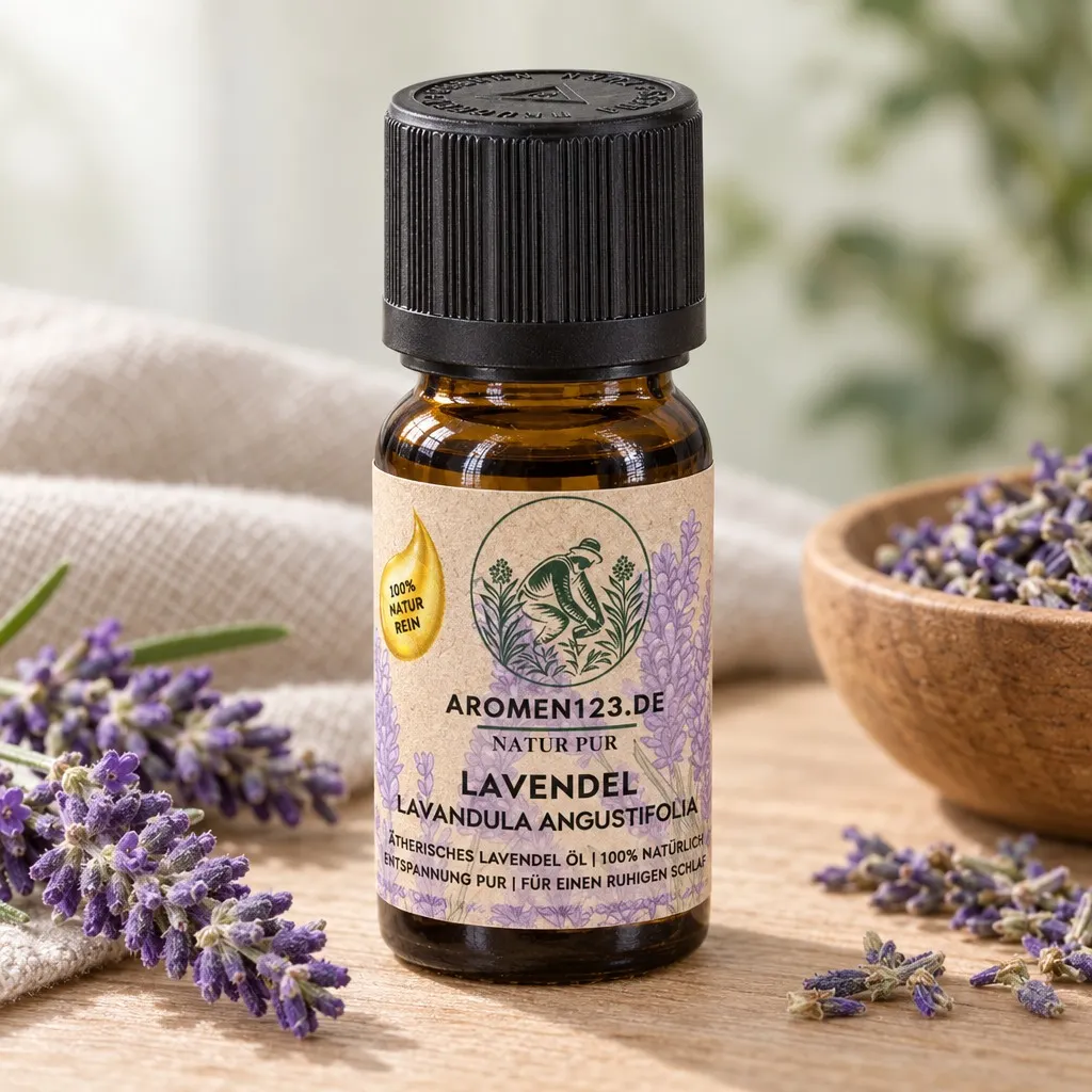 Ätherisches Lavendelöl Bulgarien, 10-ml-Braunglasflasche mit aromen123-Etikett