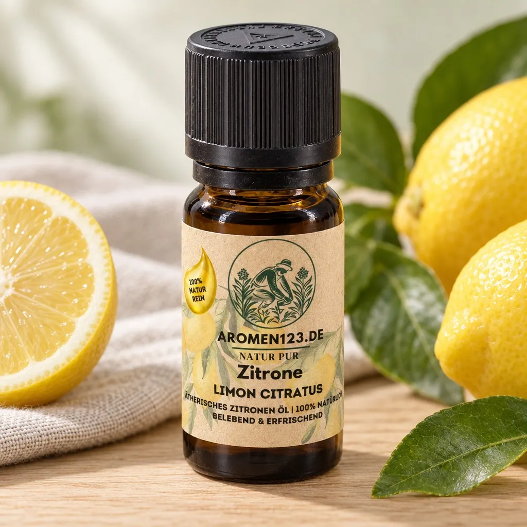Ätherisches Zitronenöl italienisch, 10-ml-Braunglasflasche mit aromen123-Etikett