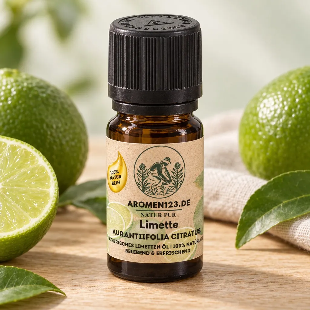 Ätherisches Limettenöl gepresst, 10-ml-Braunglasflasche mit aromen123-Etikett