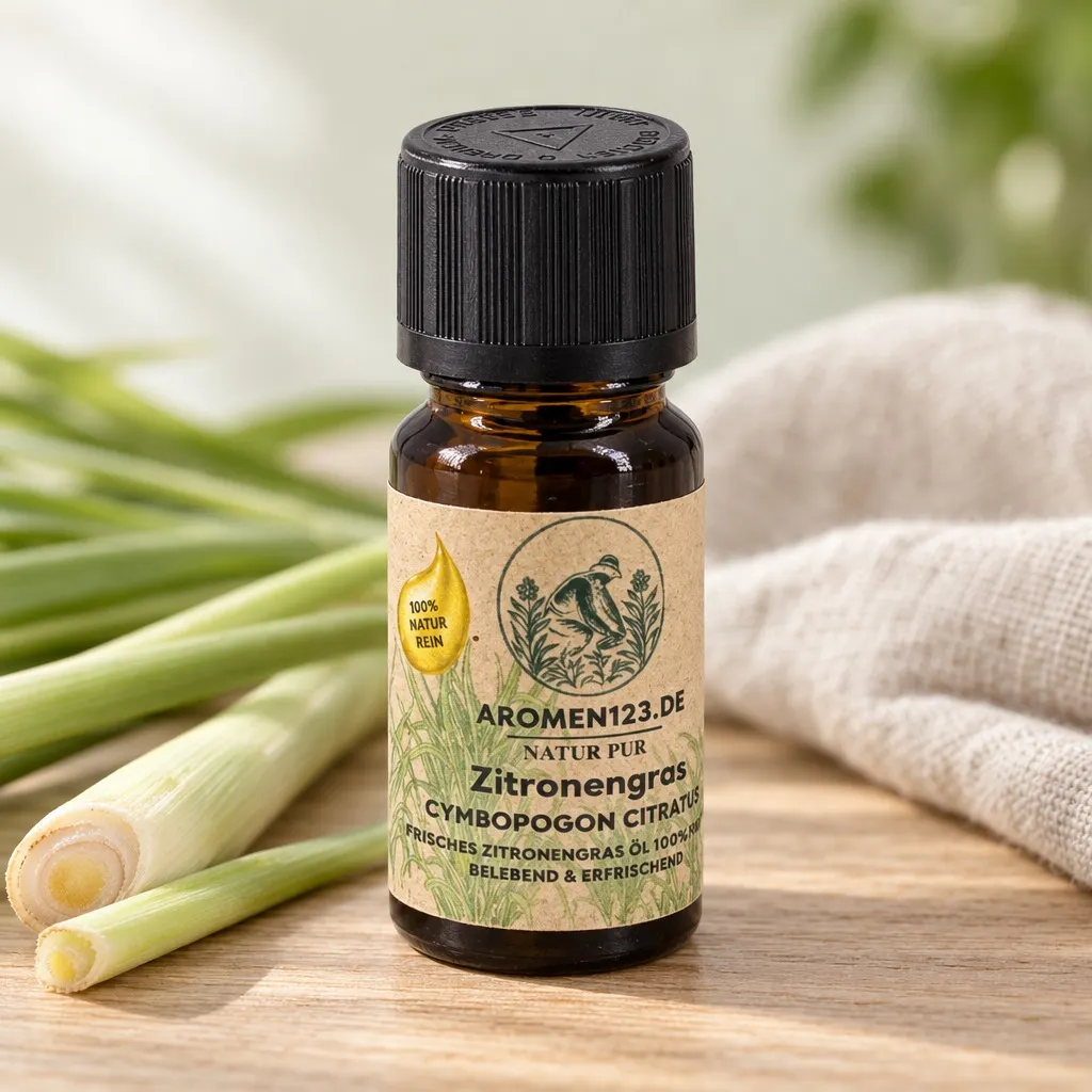 Ätherisches Lemongrasöl, 10-ml-Braunglasflasche mit aromen123-Etikett