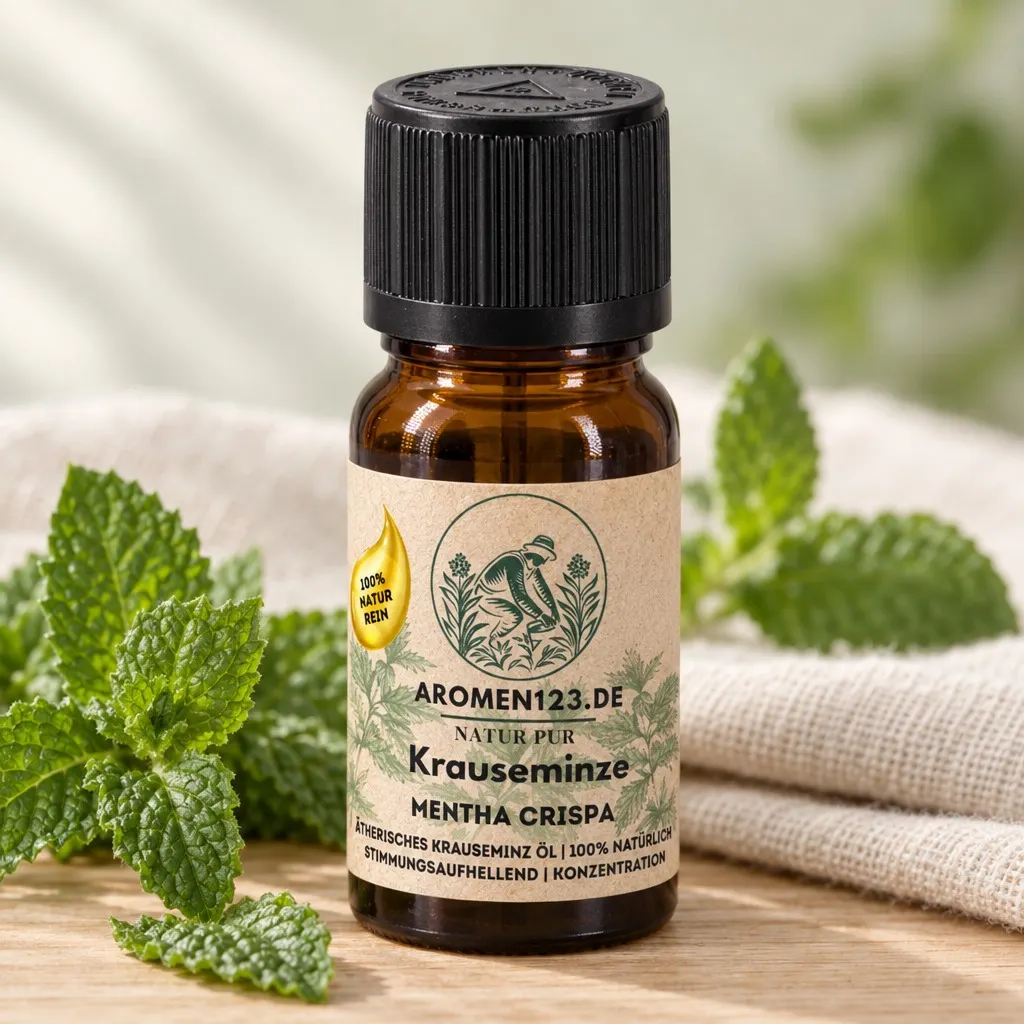 Ätherisches Krauseminzöl chinesisch, 10-ml-Braunglasflasche mit aromen123-Etikett
