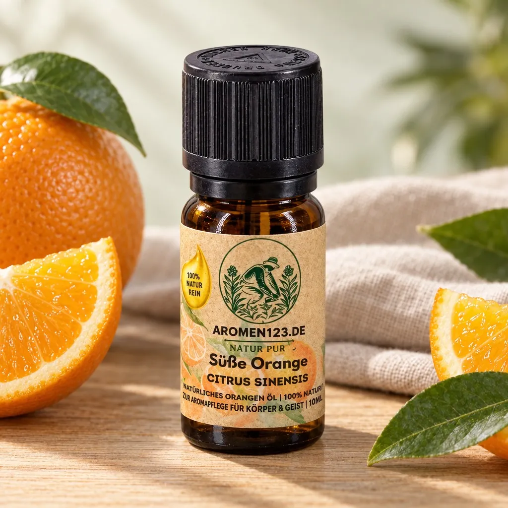 Ätherisches Orangenöl süß, 10-ml-Braunglasflasche mit aromen123-Etikett