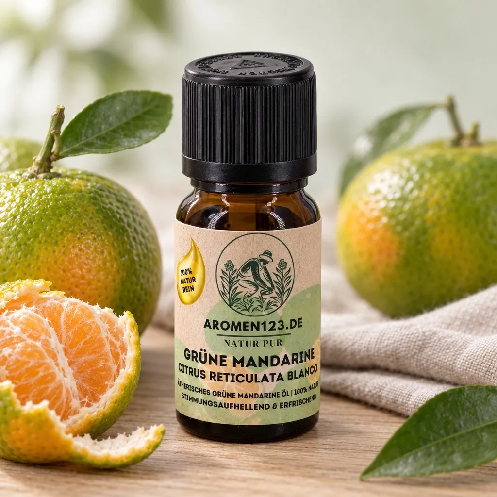 Ätherisches Mandarinenöl grün italienisch, 10-ml-Braunglasflasche mit aromen123-Etikett