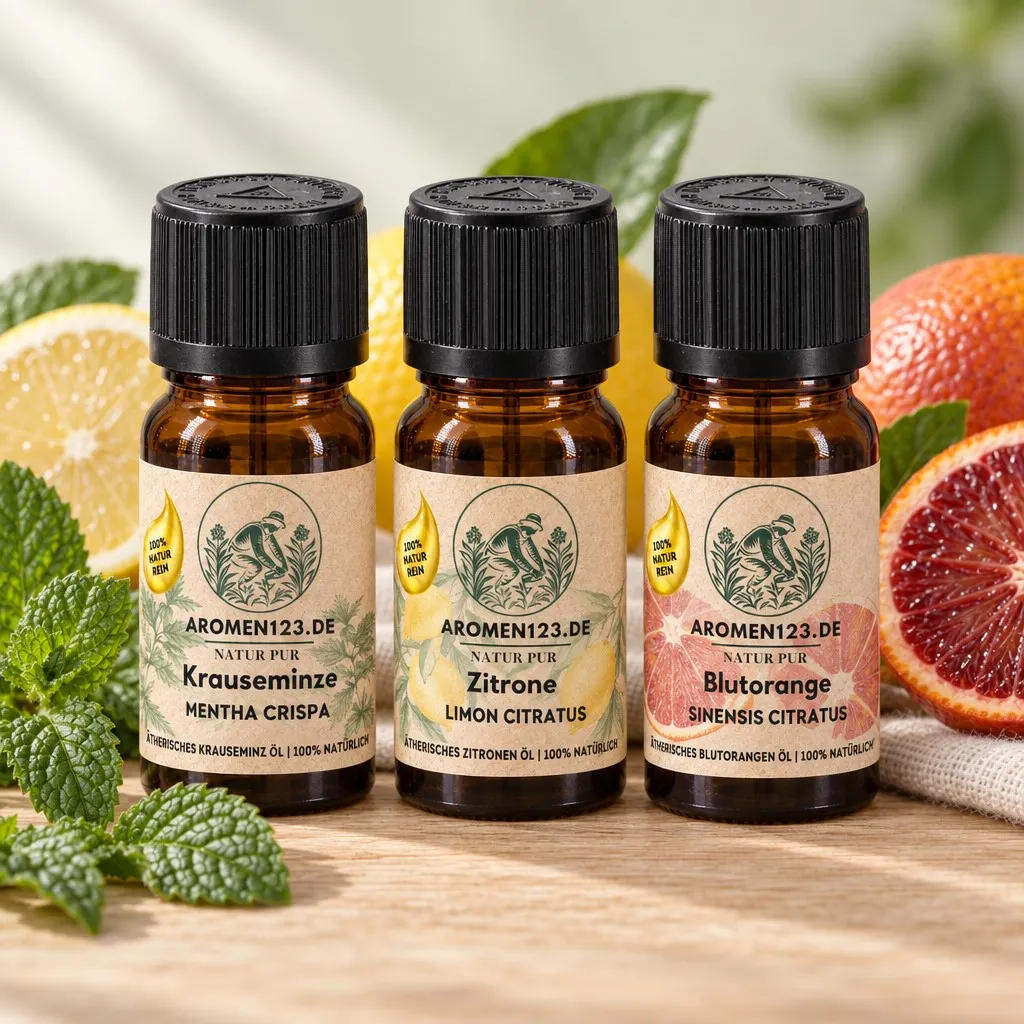 Frische-Set von aromen123: Krauseminzöl, Zitronenöl und Blutorangenöl in drei 10-ml-Braunglasflaschen