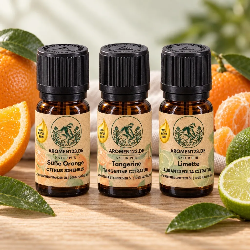 Zitrus-Set von aromen123: Orangenöl süß, Tangerinenöl und Limettenöl in drei 10-ml-Braunglasflaschen
