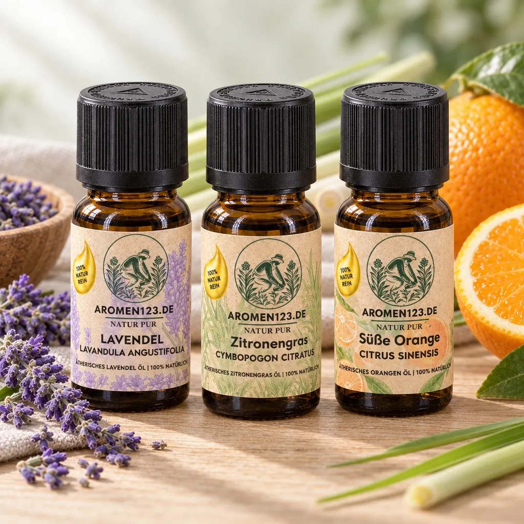 Duftgarten-Set von aromen123: Lavendelöl, Lemongrasöl und Orangenöl süß in drei 10-ml-Braunglasflaschen