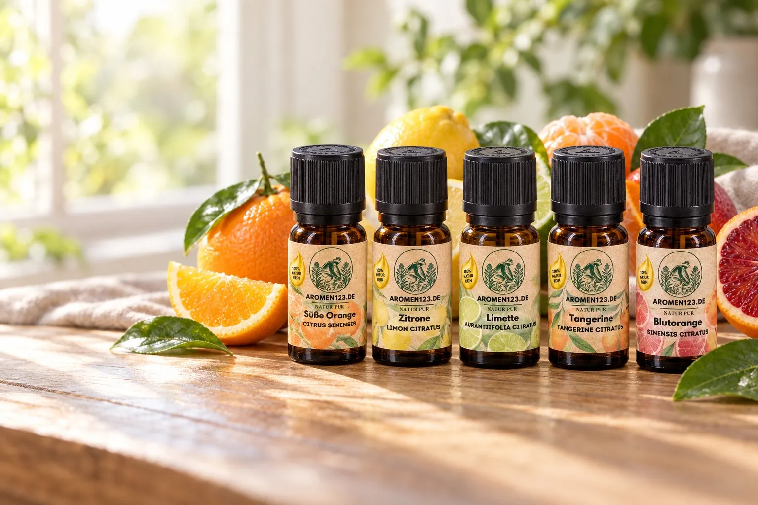 Fünf ätherische Zitrusöle des Zitrus-Vielfalt-Sets mit Orangen, Zitronen, Limetten, Tangerinen und Blutorangen
