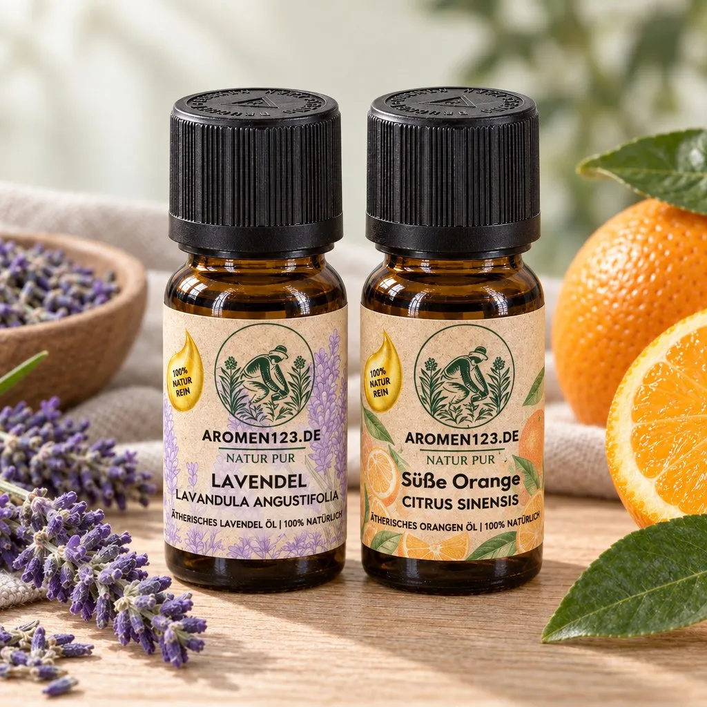 Feierabend-Duo von aromen123: Lavendelöl und Orangenöl süß in zwei 10-ml-Braunglasflaschen