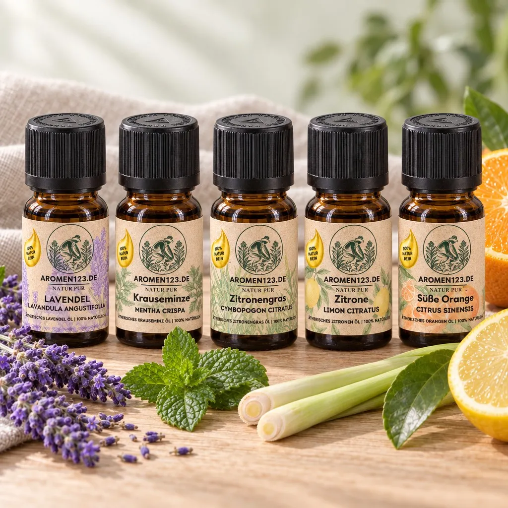 Kennenlern-Set von aromen123: fünf 10-ml-Flaschen Lavendel-, Krauseminz-, Lemongras-, Zitronen- und Orangenöl