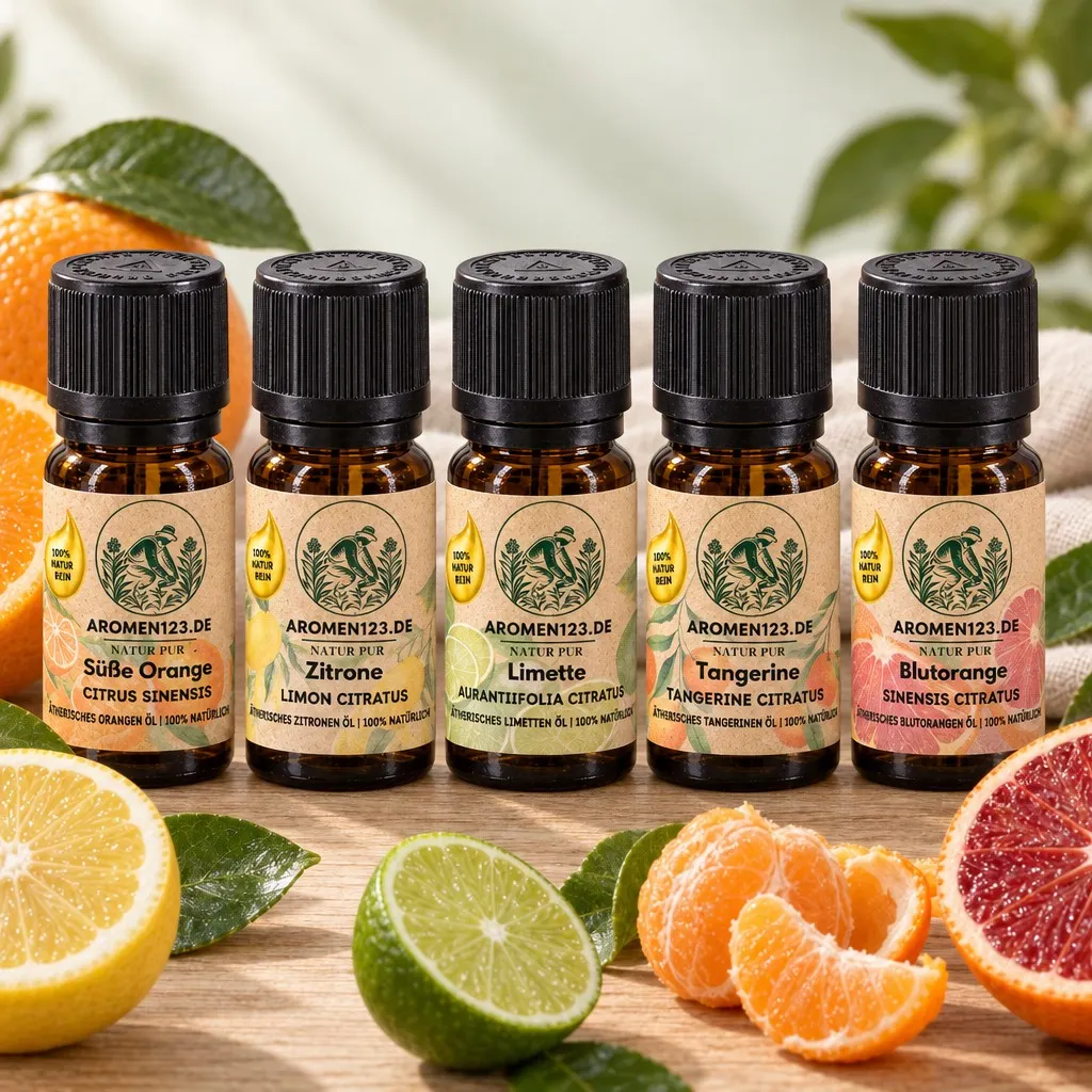 Zitrus-Vielfalt-Set von aromen123: fünf 10-ml-Flaschen Orange, Zitrone, Limette, Tangerine und Blutorange
