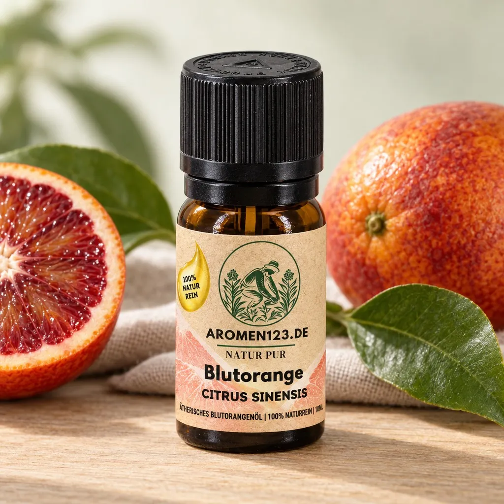 Ätherisches Blutorangenöl, 10-ml-Braunglasflasche mit aromen123-Etikett