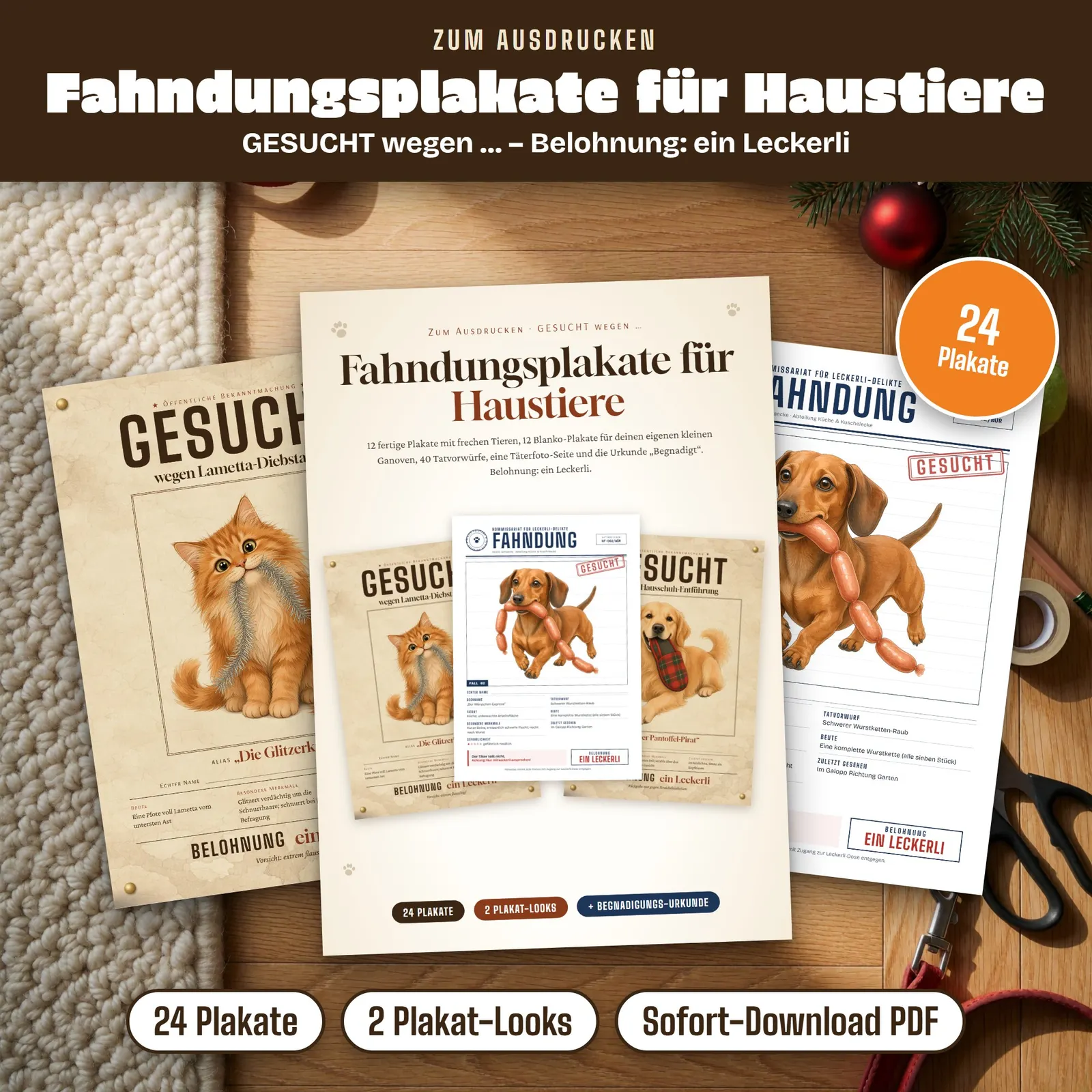 Fahndungsplakate für Haustiere – Gesucht wegen Lametta-Diebstahls! – Titelbild
