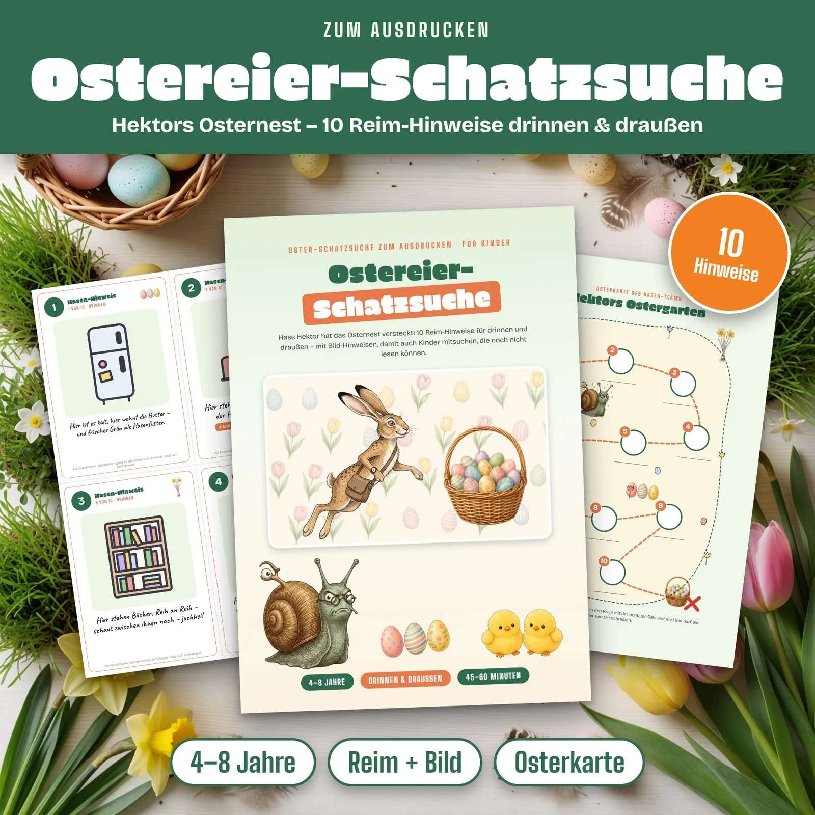 Ostereier-Schatzsuche zum Ausdrucken – Hektors Osternest Ostereier-Schatzsuche zum Ausdrucken – Hektors Osternest – Titelbild